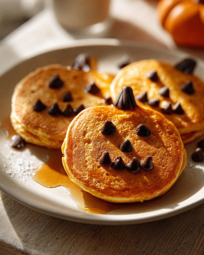 Three pumpkin-shaped pancakes decorated with chocolate chips for eyes, nose, and mouth, part of Halloween breakfast ideas for kids.