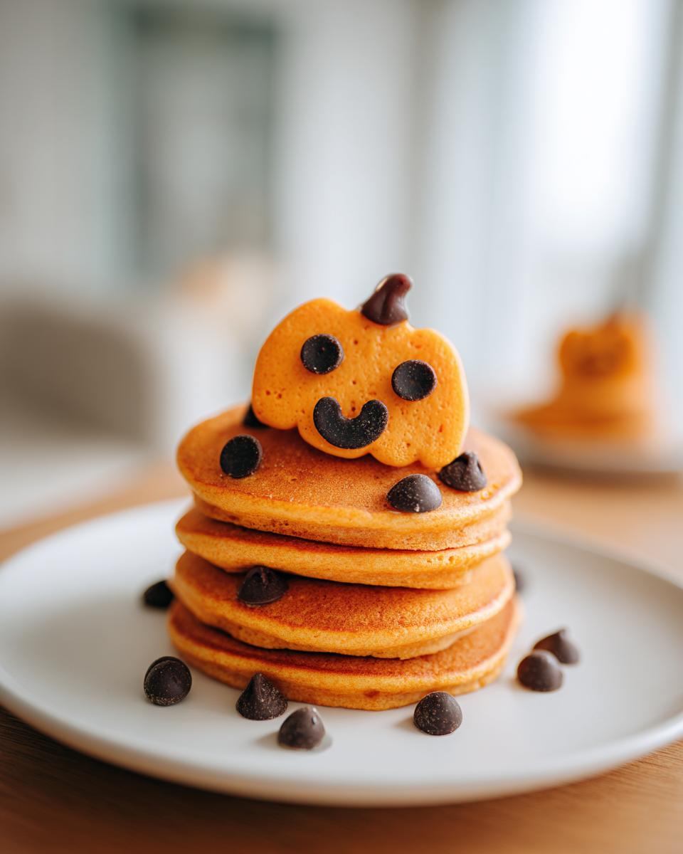 Stack of pumpkin pancakes decorated as a jack-o'-lantern with chocolate chips, part of easy Halloween breakfast ideas for kids.