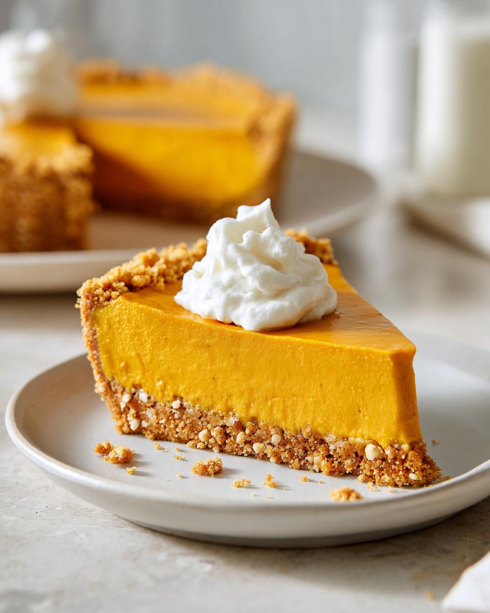 A slice of creamy pumpkin pie topped with whipped cream, perfect for cozy make-ahead Thanksgiving desserts.