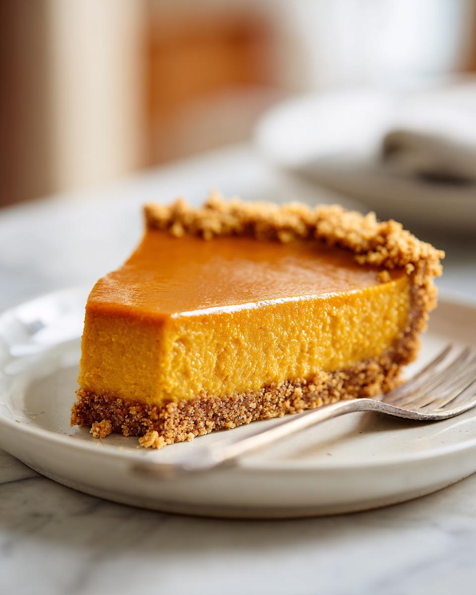 A slice of pumpkin pie with a graham cracker crust, perfect for cozy make-ahead Thanksgiving desserts.