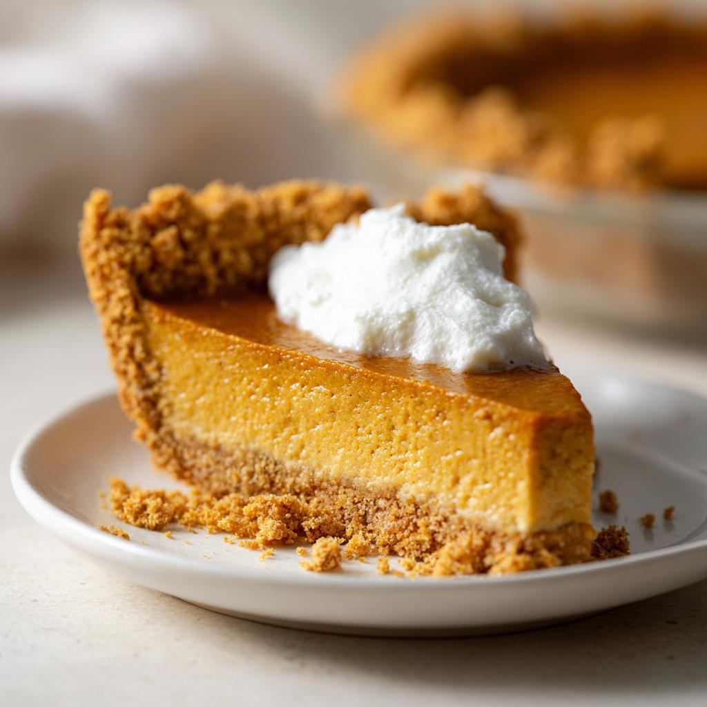 A delicious slice of pumpkin pie topped with whipped cream, perfect for cozy make-ahead Thanksgiving desserts.