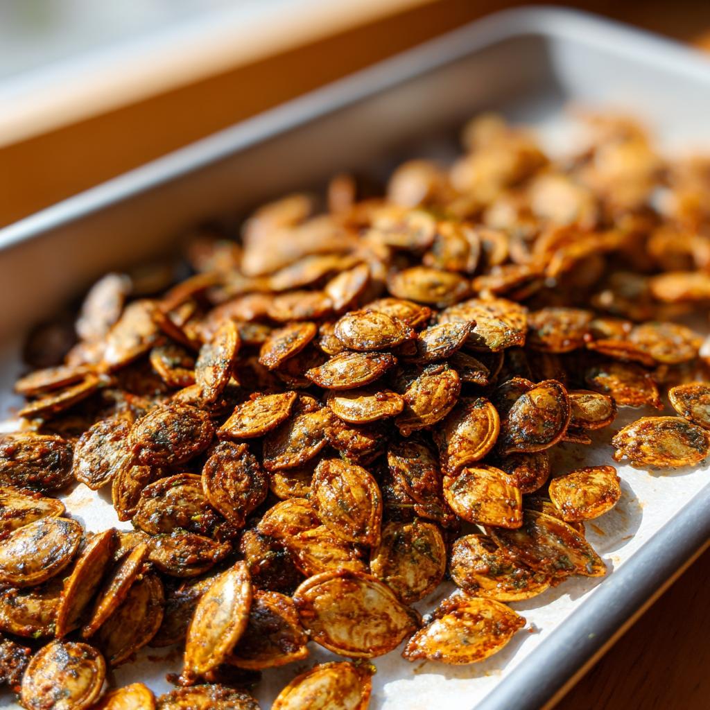 Close-up of a batch of perfectly roasted pumpkin seeds, glistening with spices from a pumpkin seeds recipe.