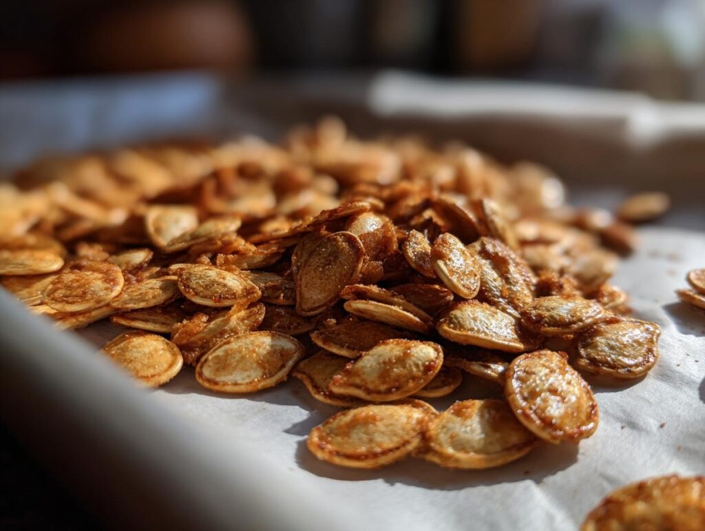 Close-up of a pile of roasted pumpkin seeds, glistening and seasoned, ready for snacking.