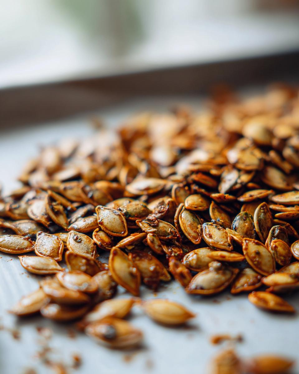 Close-up of a pile of crispy, seasoned pumpkin seeds, perfect for a pumpkin seeds recipe.