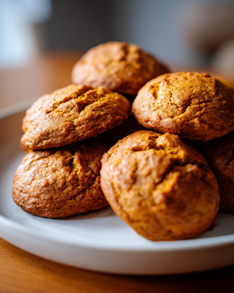 A close-up of a stack of golden-brown pumpkin spice cookies, perfect for fun Thanksgiving desserts.