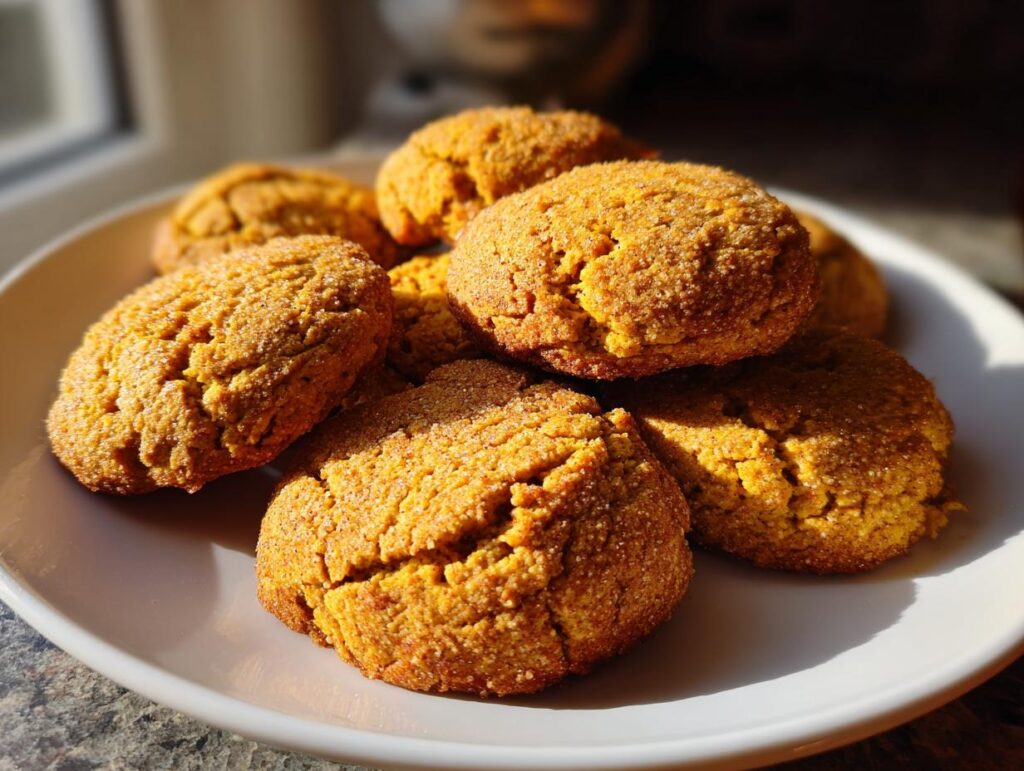 A pile of golden-brown pumpkin spice cookies, dusted with sugar, perfect for fun Thanksgiving desserts.