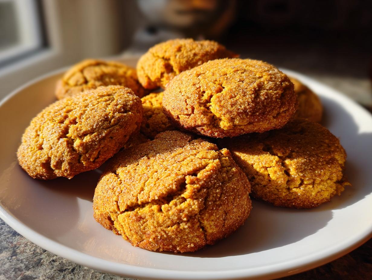 A pile of golden-brown pumpkin spice cookies, dusted with sugar, perfect for fun Thanksgiving desserts.