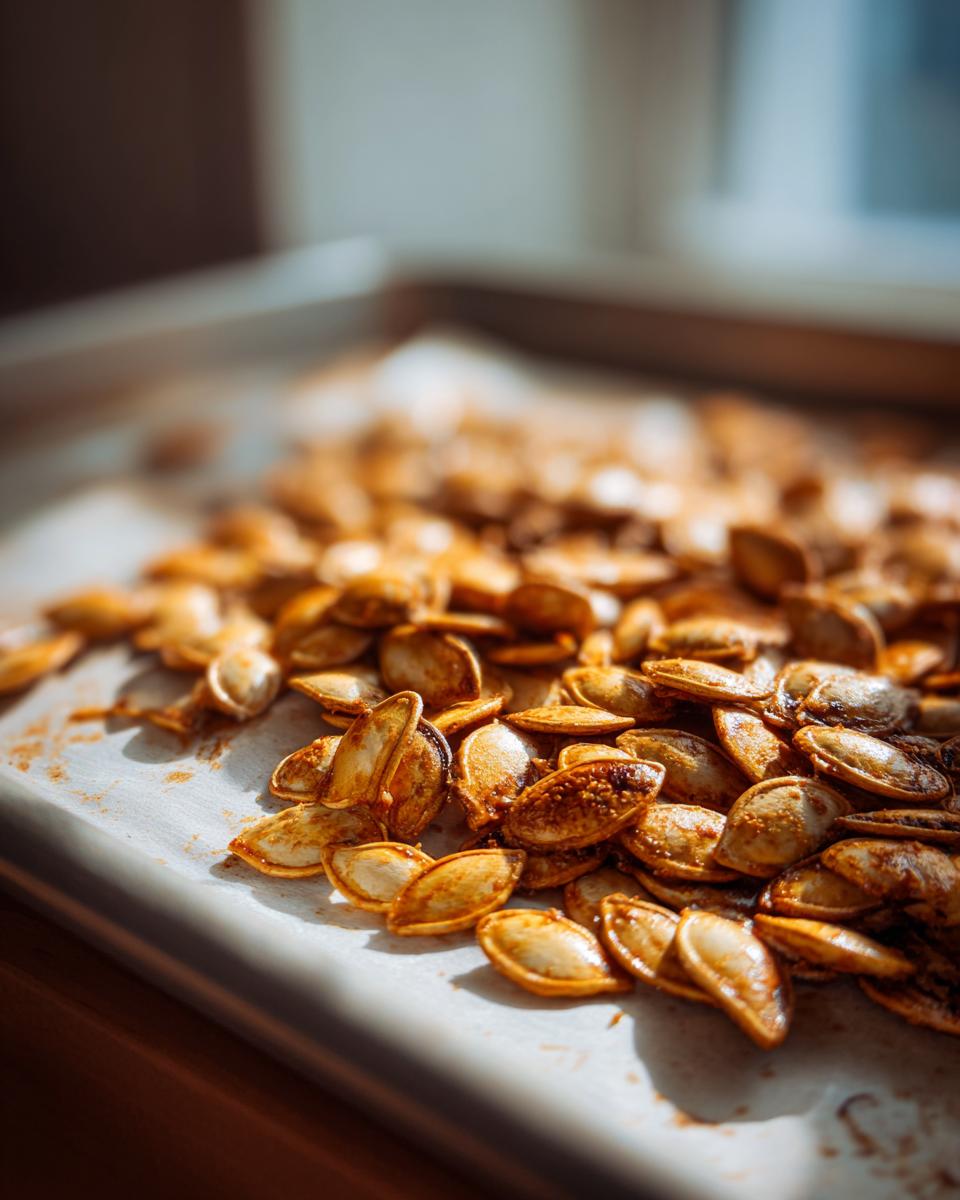 Close-up of a pile of perfectly roasted pumpkin seeds seasoned and ready to eat.