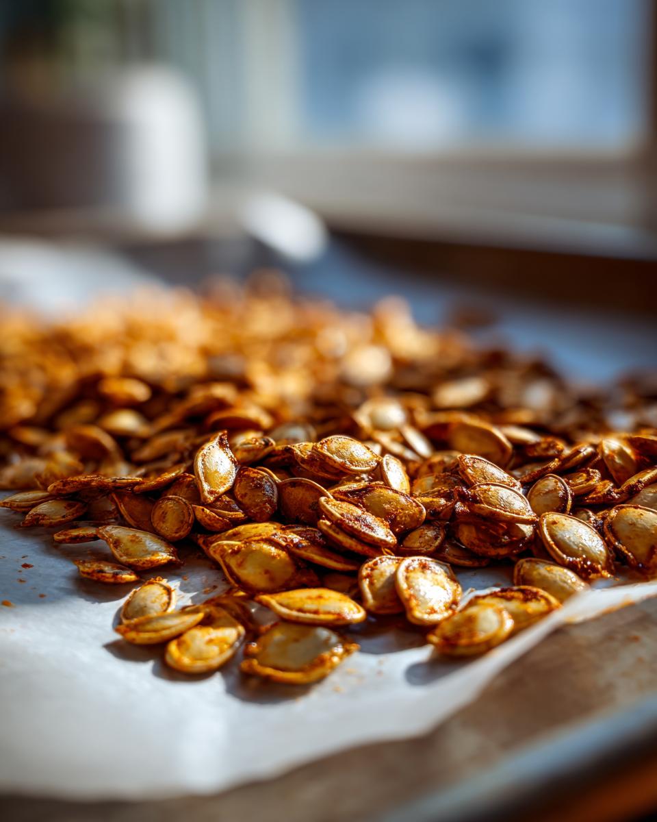 A close-up shot of perfectly roasted pumpkin seeds seasoned and ready to eat.