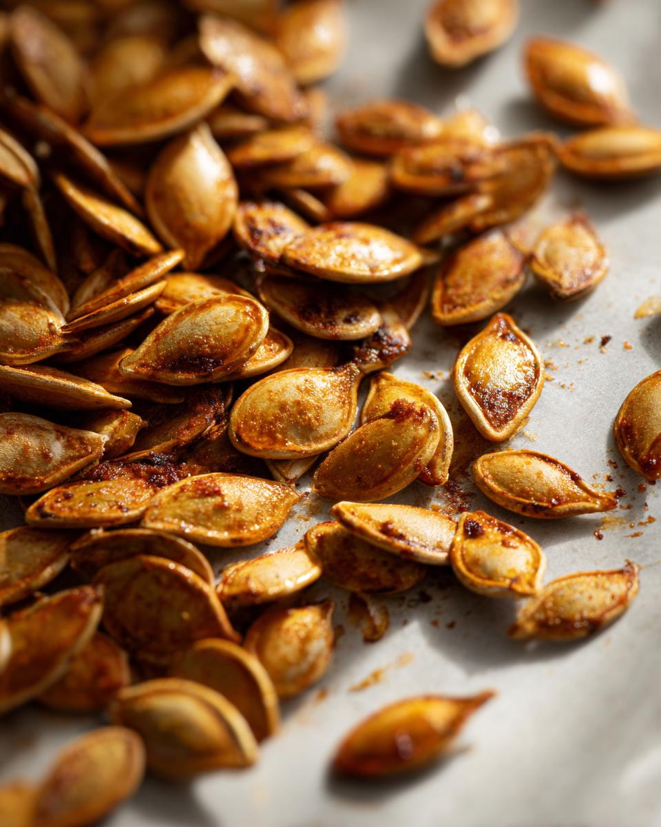 A close-up, overhead view of perfectly roasted pumpkin seeds, seasoned and golden brown.