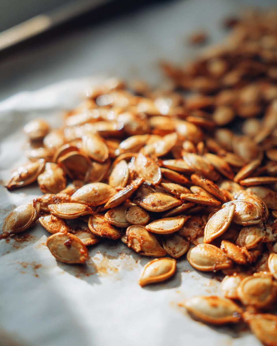 A close-up, sunlit shot of a pile of perfectly roasted pumpkin seeds seasoned with spices.