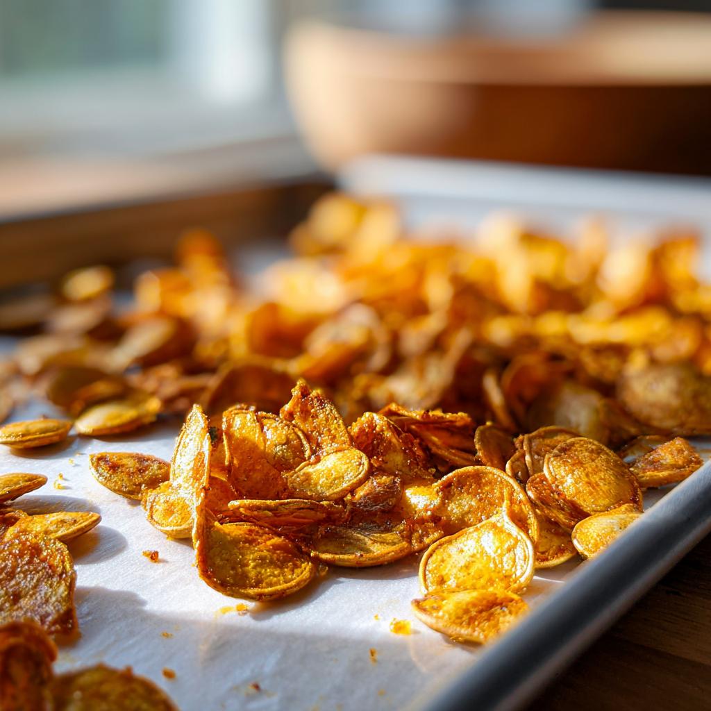A close-up, sunlit shot of perfectly roasted pumpkin seeds on parchment paper, seasoned and golden brown.