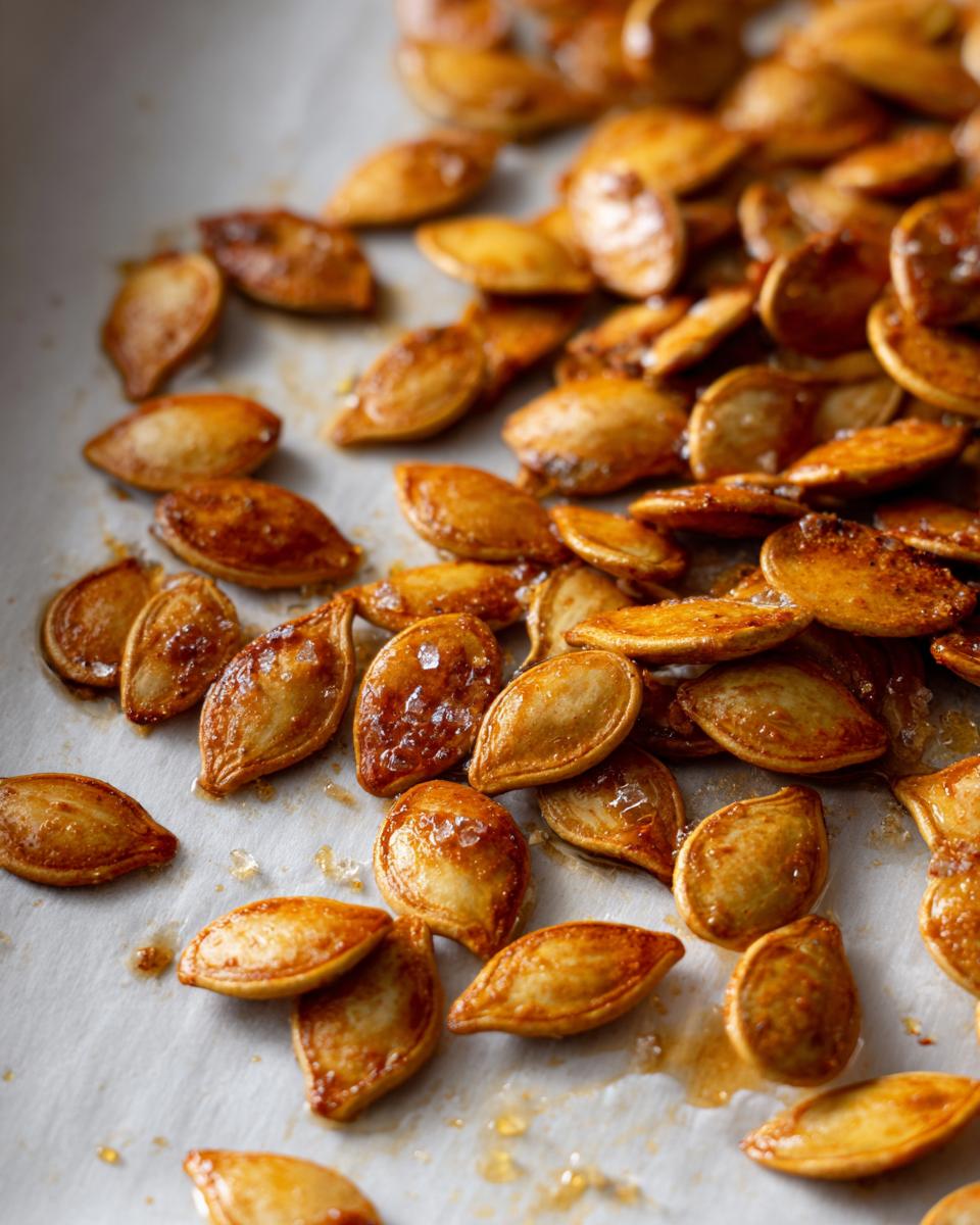 Close-up of roasted pumpkin seeds with a glistening sweet glaze and coarse salt, part of delicious pumpkin seed recipes.
