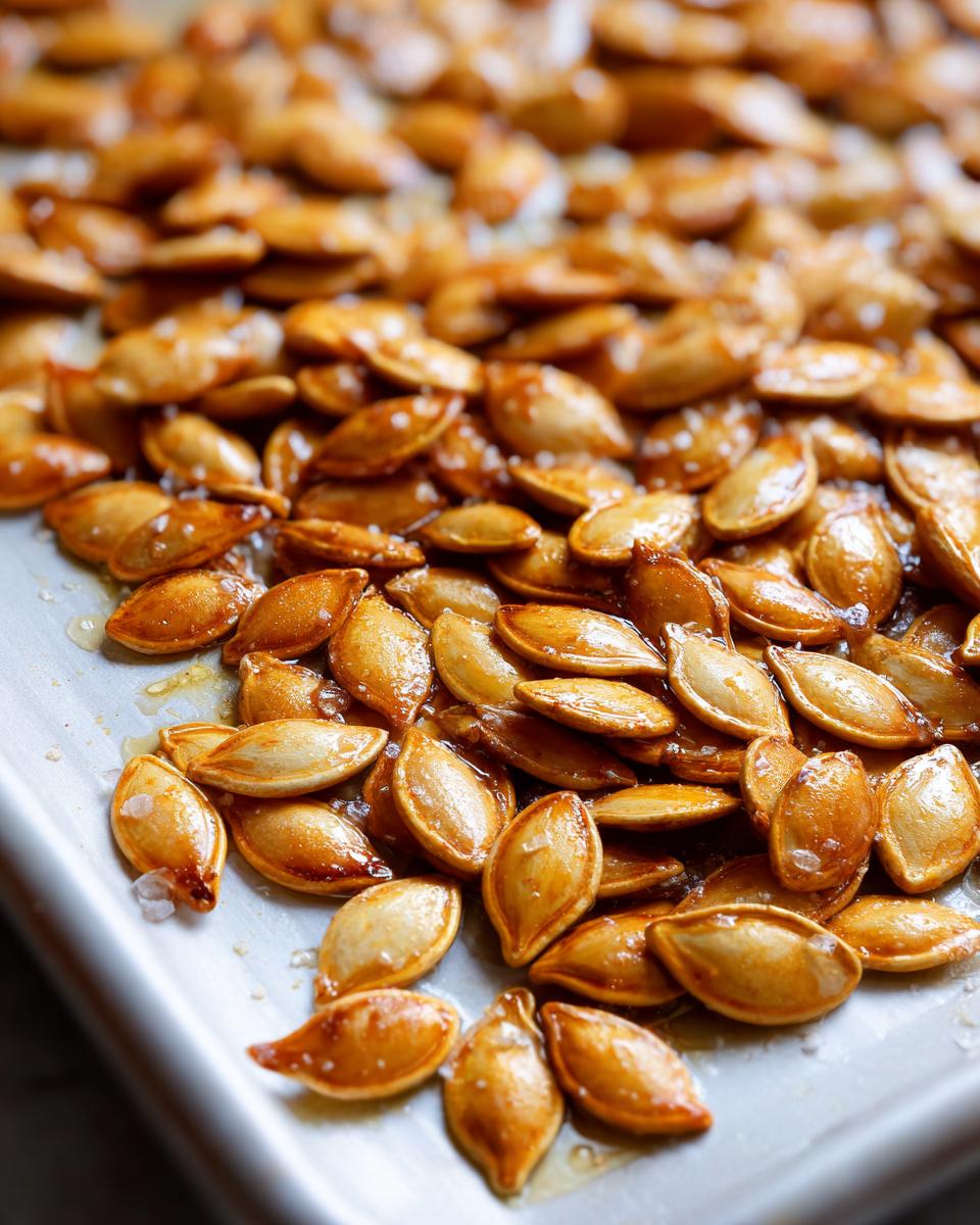 Close-up of roasted pumpkin seeds coated in honey and sprinkled with sea salt, a perfect addition to pumpkin seed recipes.