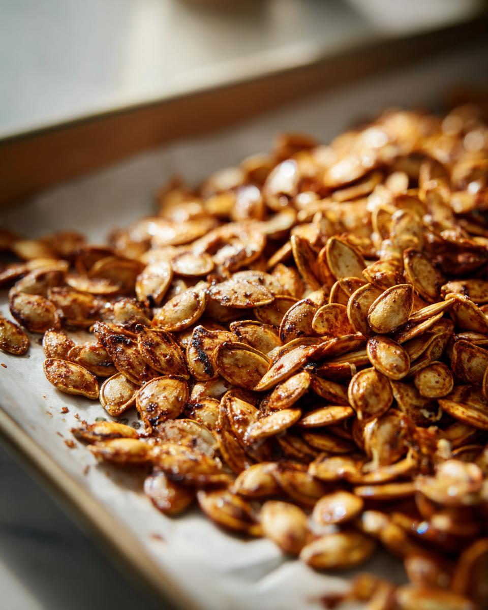 Close-up of a batch of roasted pumpkin seeds recipe, glistening and seasoned on a baking sheet.