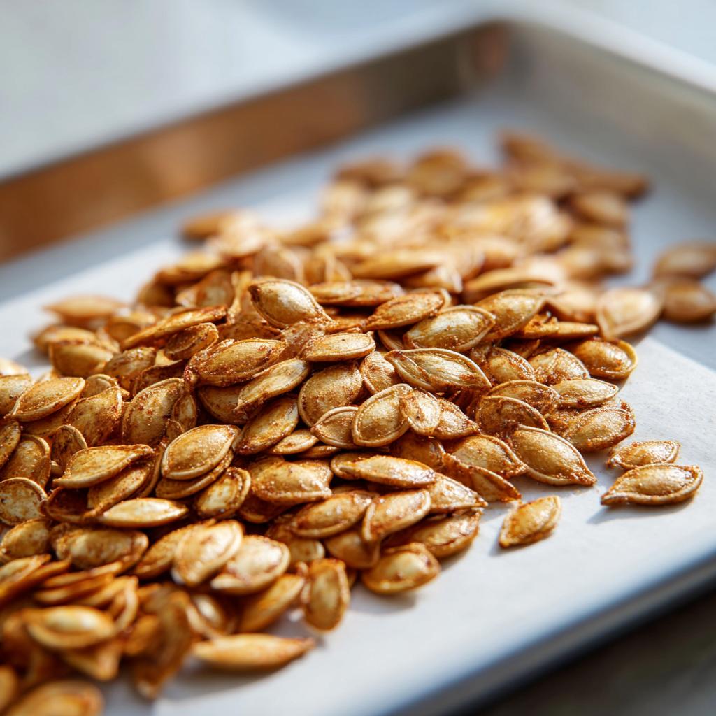 A close-up shot of a pile of perfectly roasted pumpkin seeds, seasoned and ready to eat.