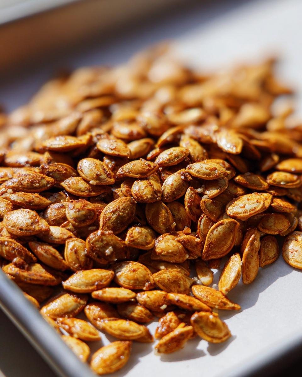 Close-up of a pile of perfectly roasted pumpkin seeds, seasoned and glistening.