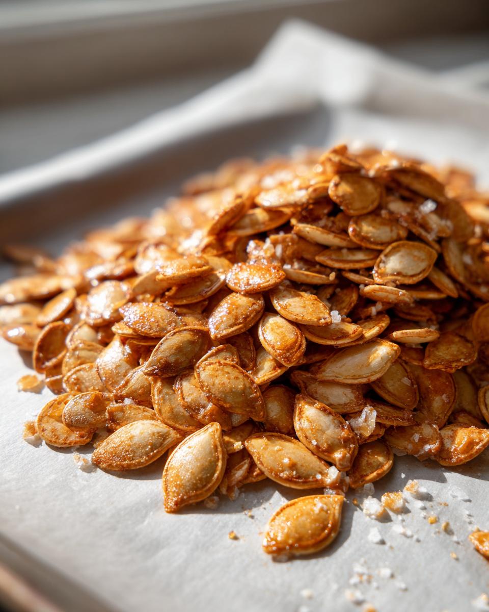 A close-up of a pile of freshly roasted pumpkin seeds, seasoned with salt and spices.