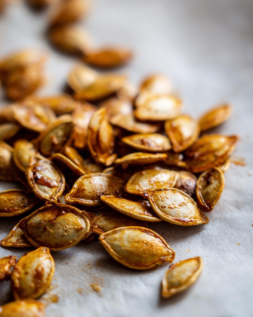Close-up of a pile of perfectly roasted pumpkin seeds, glistening with seasoning.