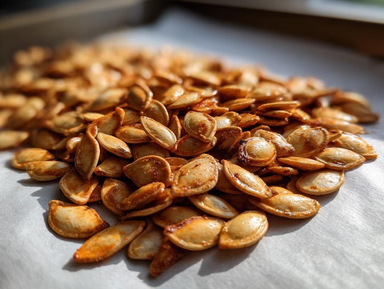A close-up, sunlit pile of perfectly roasted pumpkin seeds recipe, seasoned and ready to eat.
