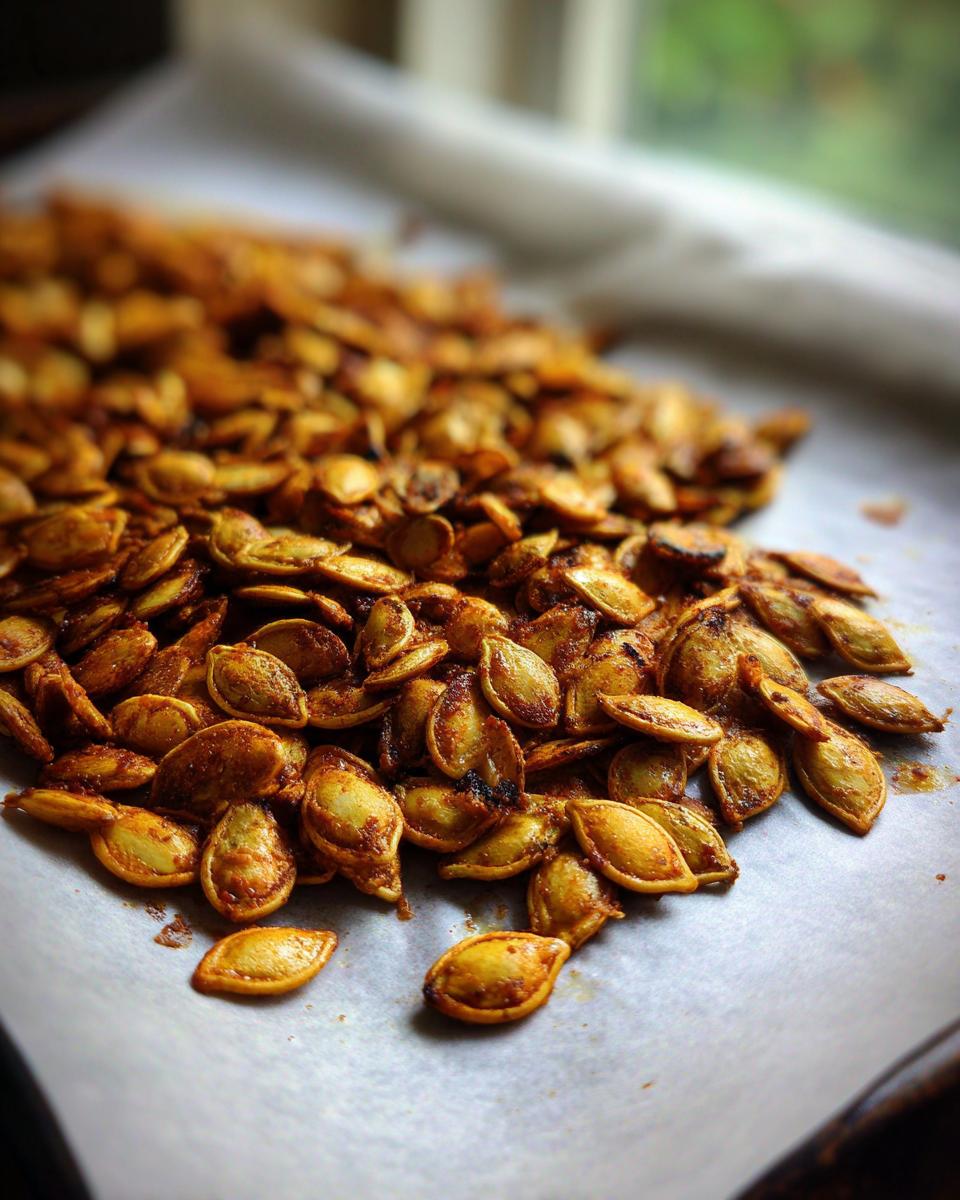 Close-up of a pile of freshly roasted pumpkin seeds, seasoned and ready to eat.