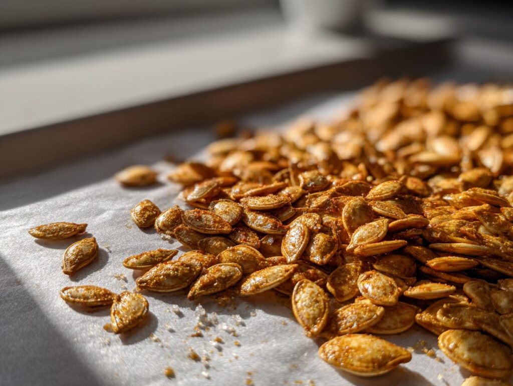 Close-up of a pile of seasoned and roasted pumpkin seeds on parchment paper, ready for pumpkin seed recipes.