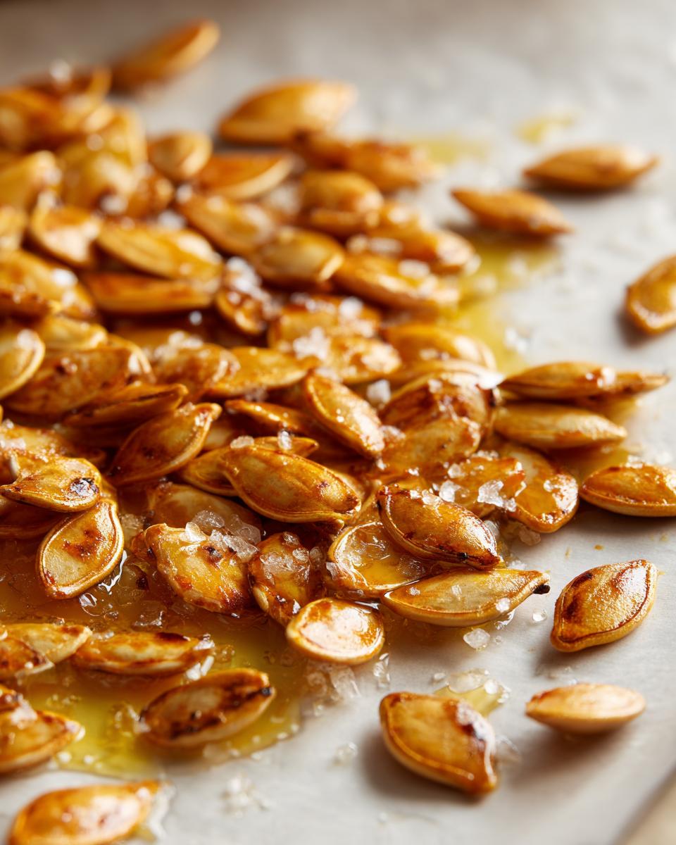 Close-up of perfectly roasted pumpkin seeds sprinkled with coarse salt and glistening with oil.