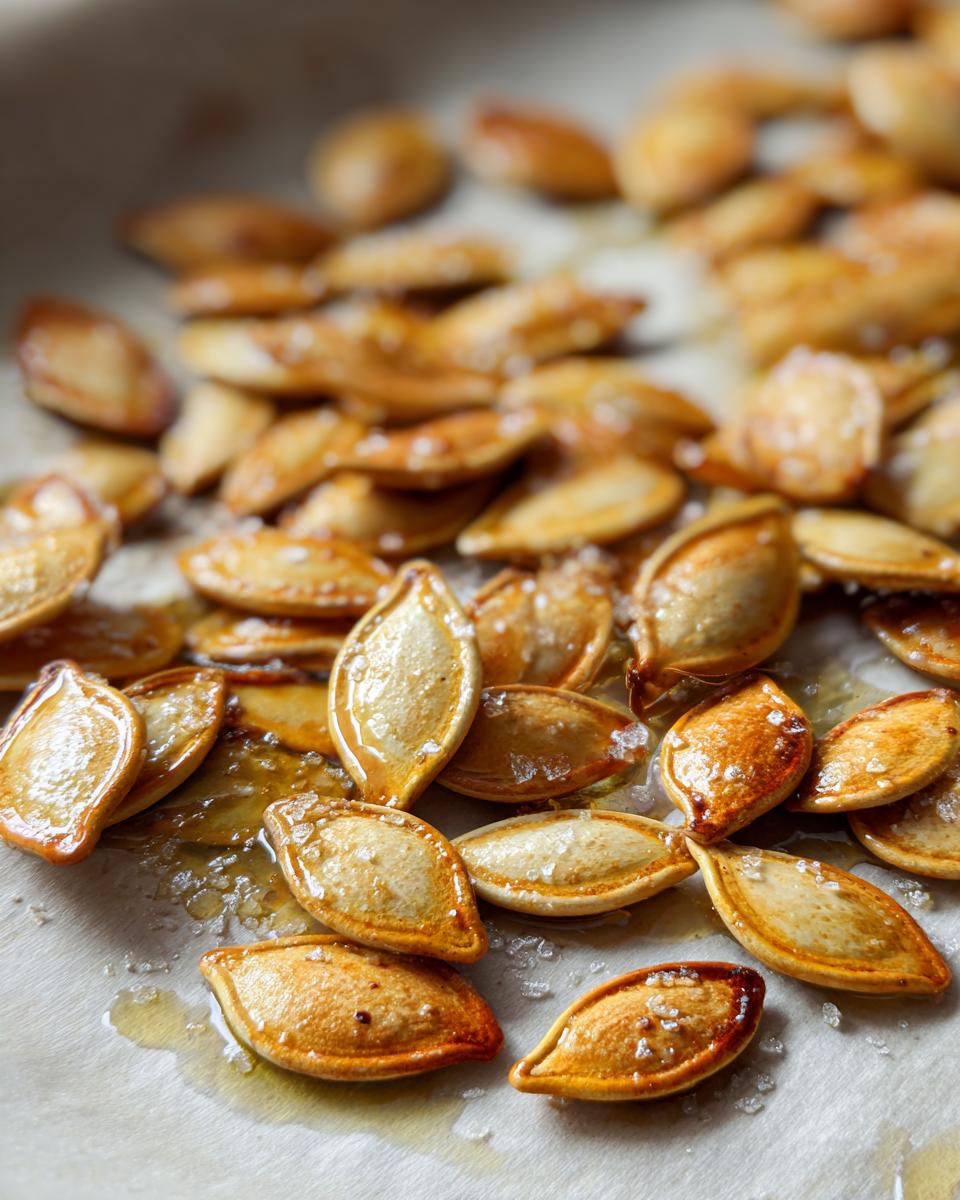 Close-up of perfectly roasted pumpkin seeds sprinkled with coarse salt, glistening with oil.