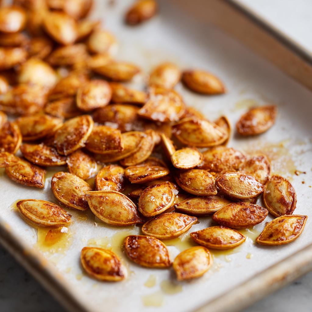 Close-up of perfectly roasted pumpkin seeds with a sprinkle of sea salt, a delicious part of pumpkin seed recipes.