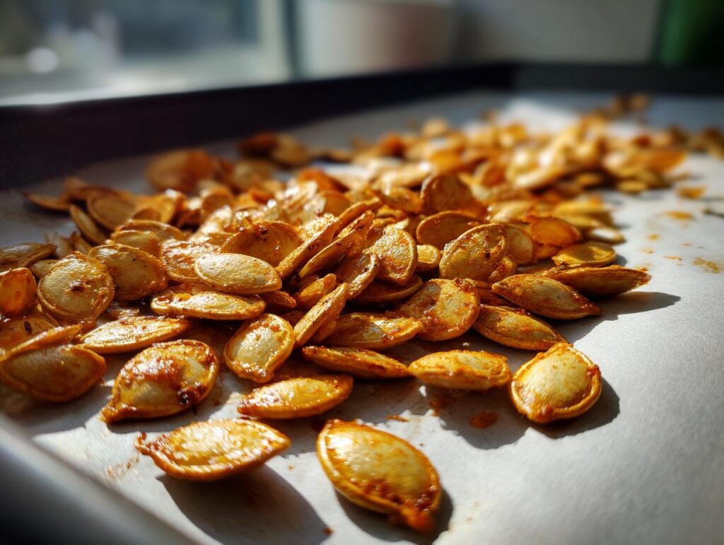 A close-up, sunlit shot of perfectly roasted pumpkin seeds seasoned with spices on a baking sheet.