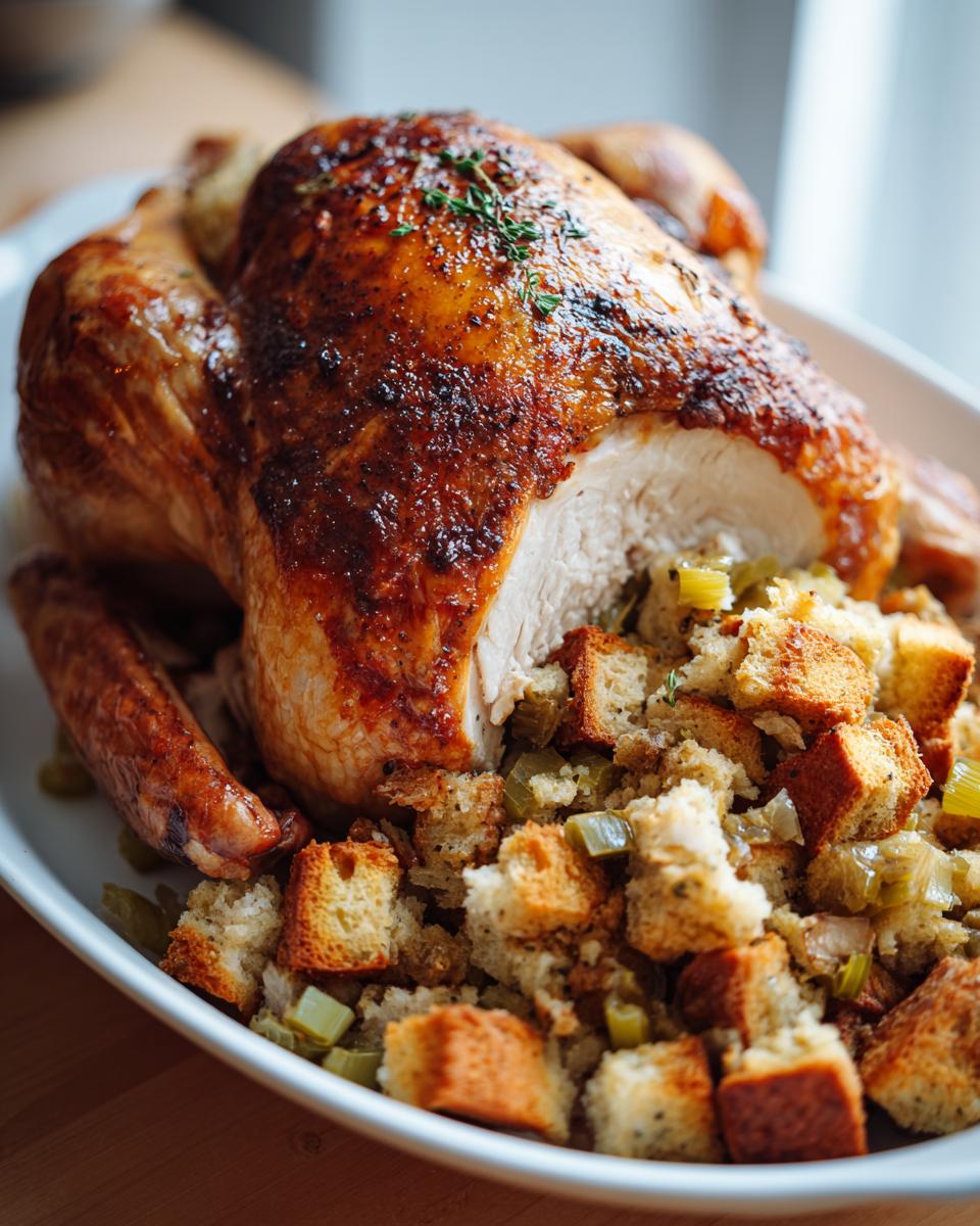 A golden-brown roasted turkey served with a generous portion of stuffing, perfect for easy Thanksgiving recipes.