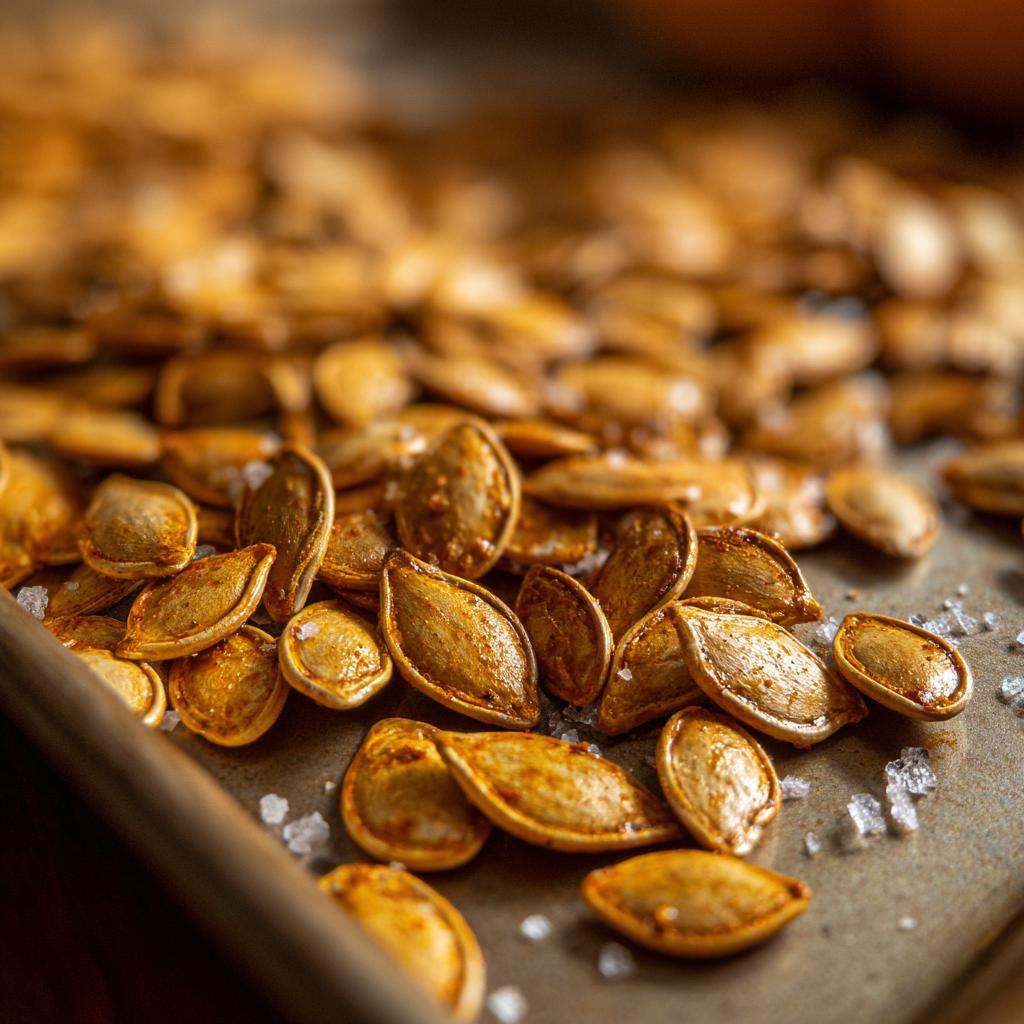 Close-up of perfectly roasted pumpkin seeds oven-baked with salt crystals scattered on a baking sheet.
