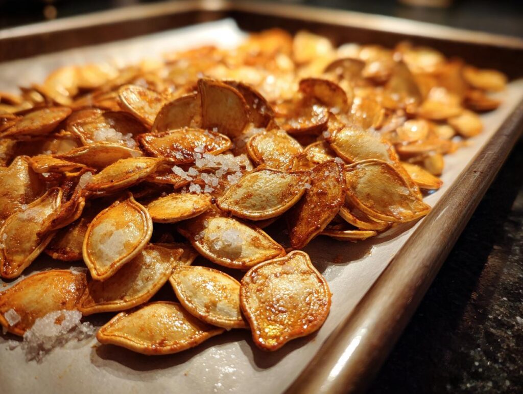 Close-up of golden brown roasted pumpkin seeds oven-baked with coarse salt sprinkled on top.