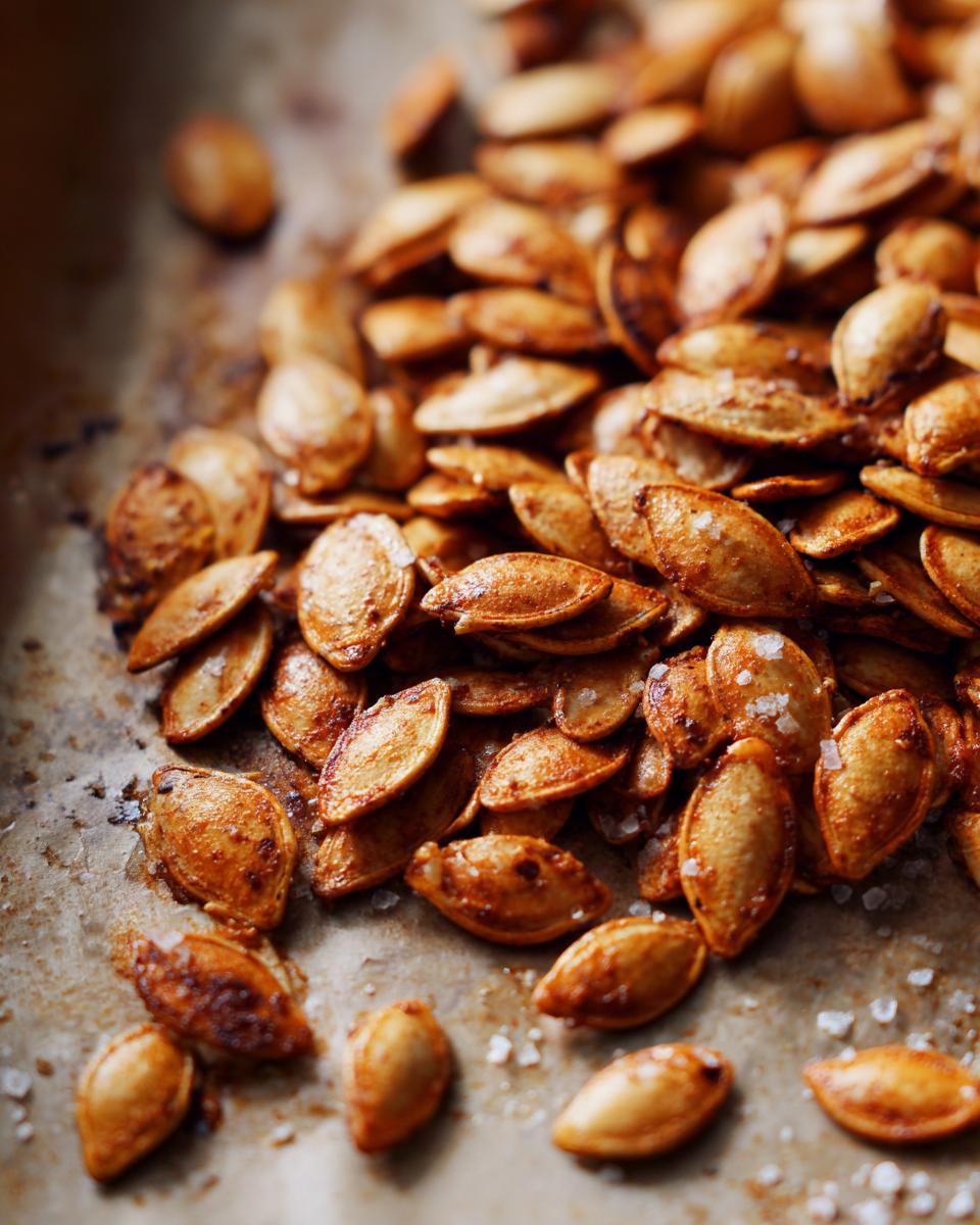 Close-up of a pile of perfectly roasted pumpkin seeds seasoned with salt, ready to eat.