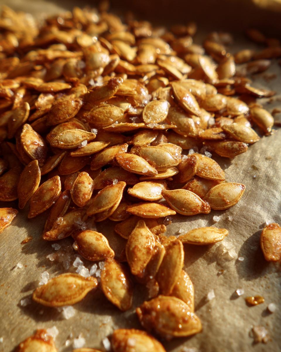 Close-up of perfectly roasted pumpkin seeds oven-baked with coarse salt crystals scattered around.