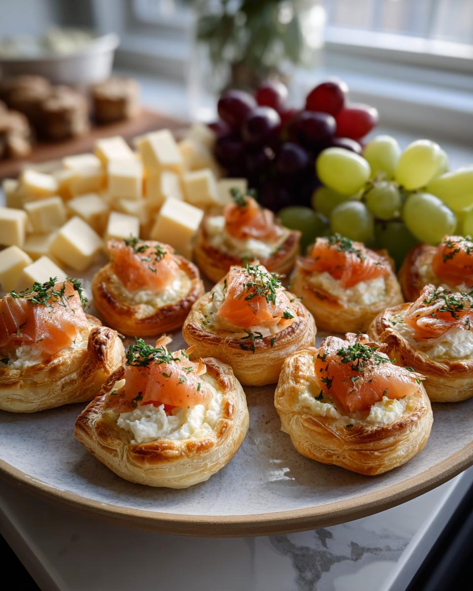 Close-up of puff pastry bites topped with cream cheese, smoked salmon, and herbs, perfect for New Year's Eve food.