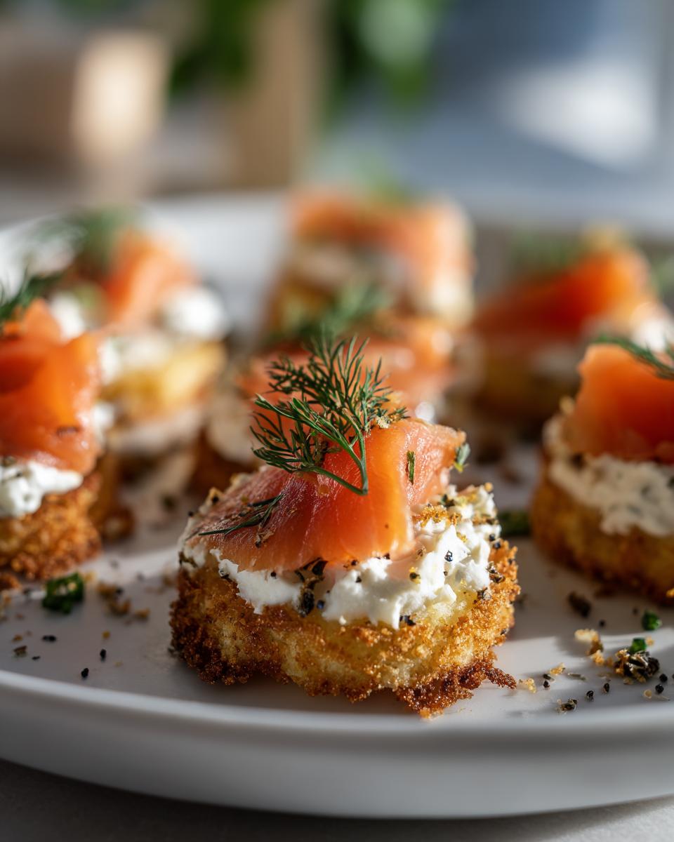 Close-up of smoked salmon bites on a white plate, perfect new year's eve party food.