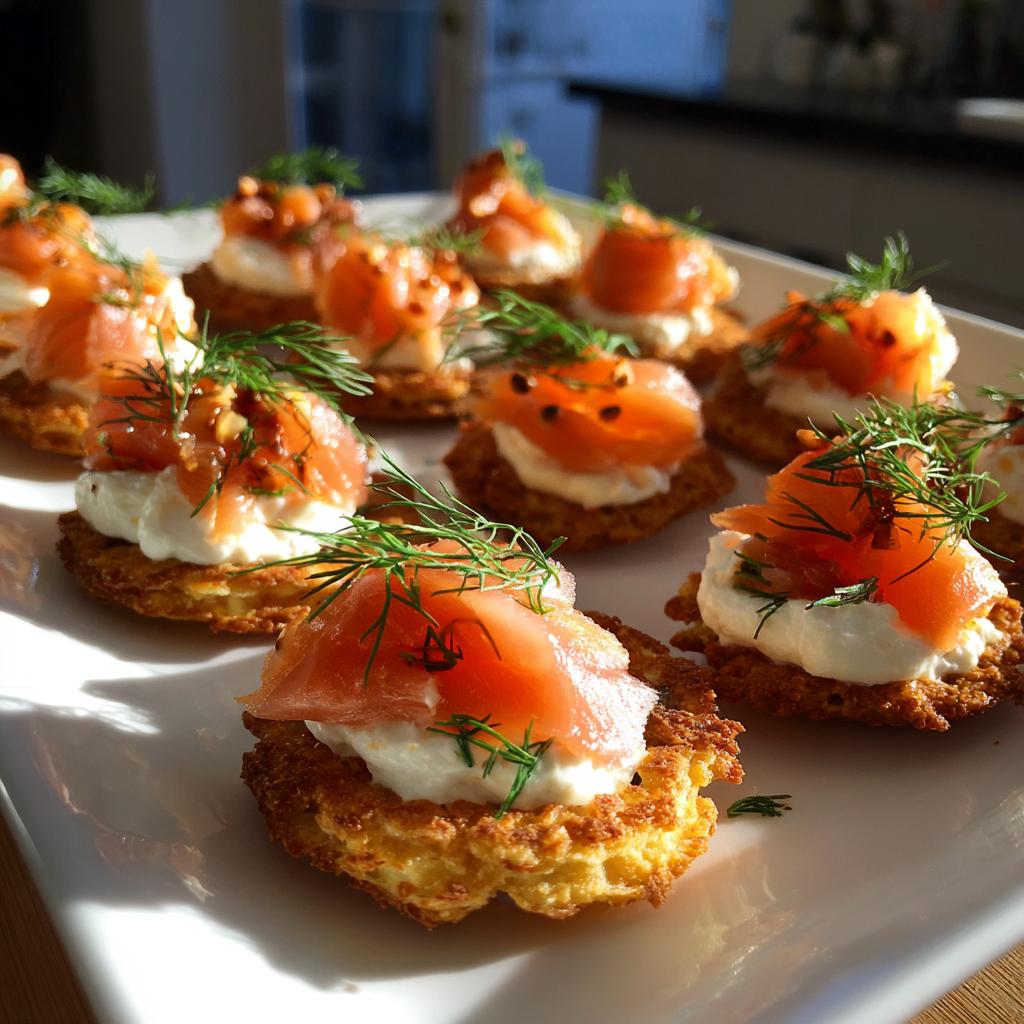 Close-up of elegant smoked salmon bites on crispy bases, perfect new year's eve party food.