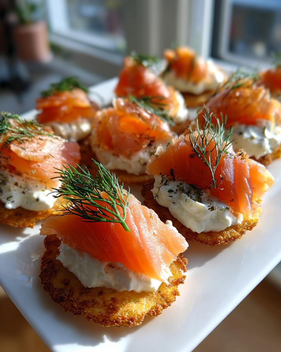 Close-up of smoked salmon bites on a white plate, perfect for new year’s eve party food.