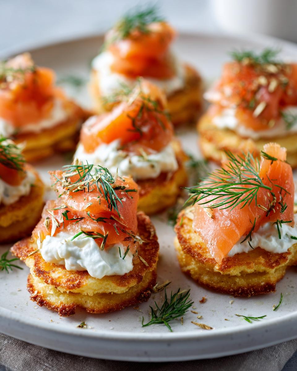 Close-up of smoked salmon blinis topped with cream cheese and dill, perfect for new year’s eve party food.
