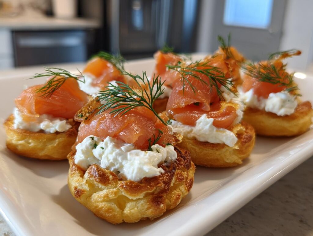 Elegant smoked salmon and cream cheese puffs, a perfect new year's eve party food, garnished with fresh dill.