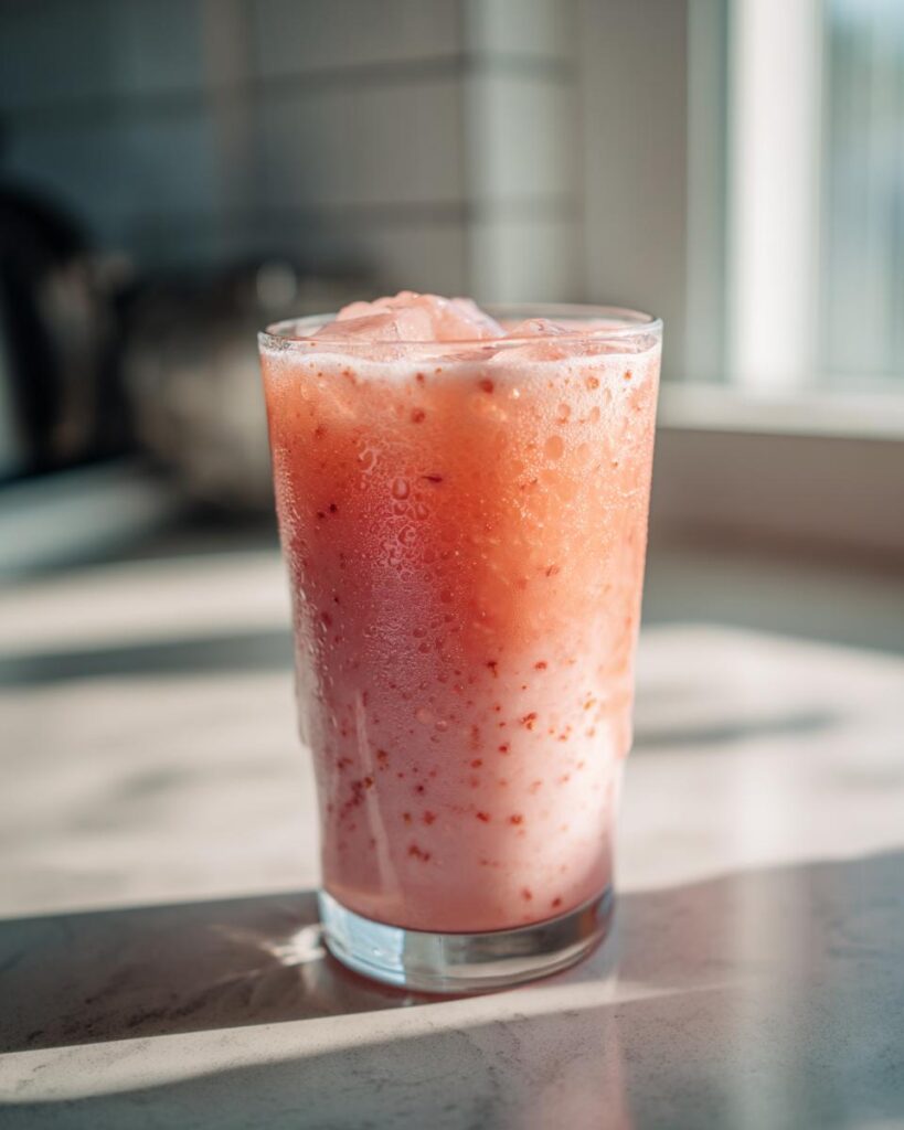 A tall glass filled with a pink, frothy strawberry acai peach juice, topped with ice and strawberry puree.