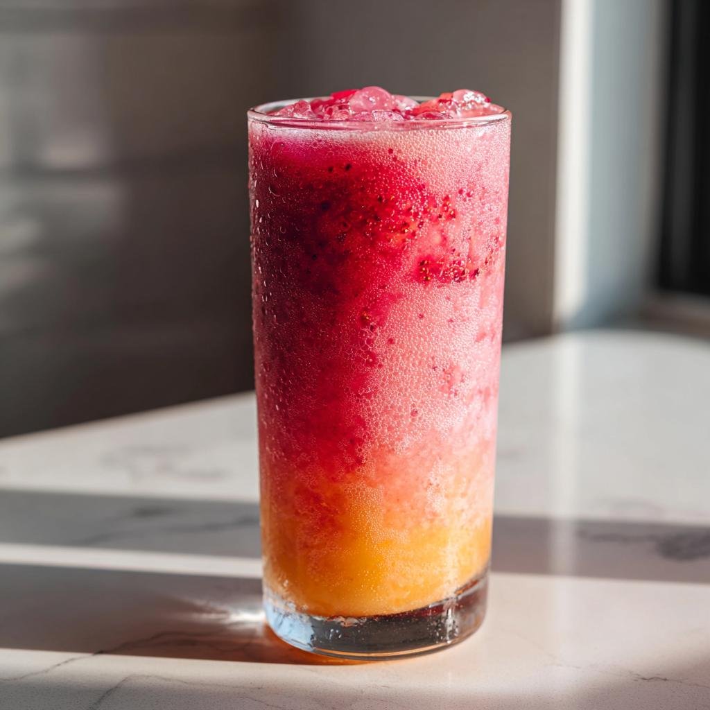A tall glass filled with a layered strawberry acai peach juice, topped with ice and fruit pieces.