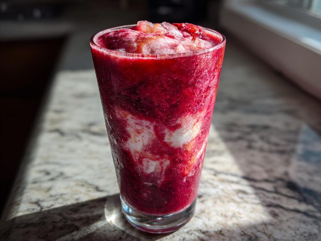 A tall glass filled with vibrant strawberry acai peach juice, swirled with creamy white elements and topped with ice and fruit.