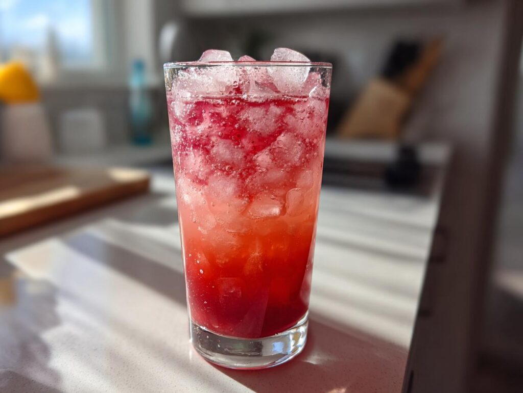 A tall glass filled with ice and a vibrant red and pink layered strawberry acai peach juice.
