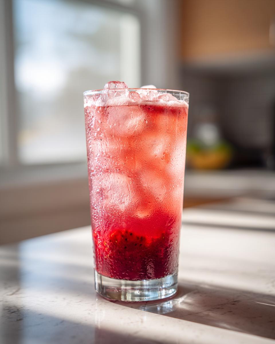 A tall glass filled with strawberry acai peach juice, ice, and muddled strawberries.