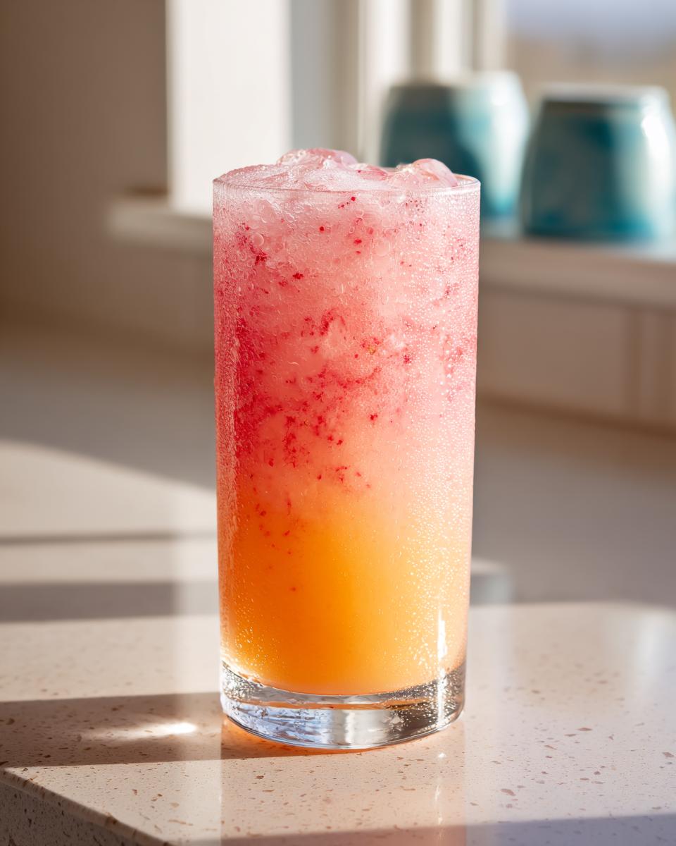 A tall glass filled with a layered strawberry acai peach juice drink, topped with crushed ice and strawberry puree.