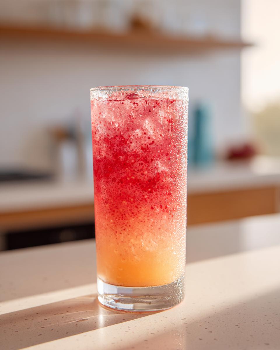 A tall glass filled with a layered strawberry acai peach juice and ice, with condensation on the glass.