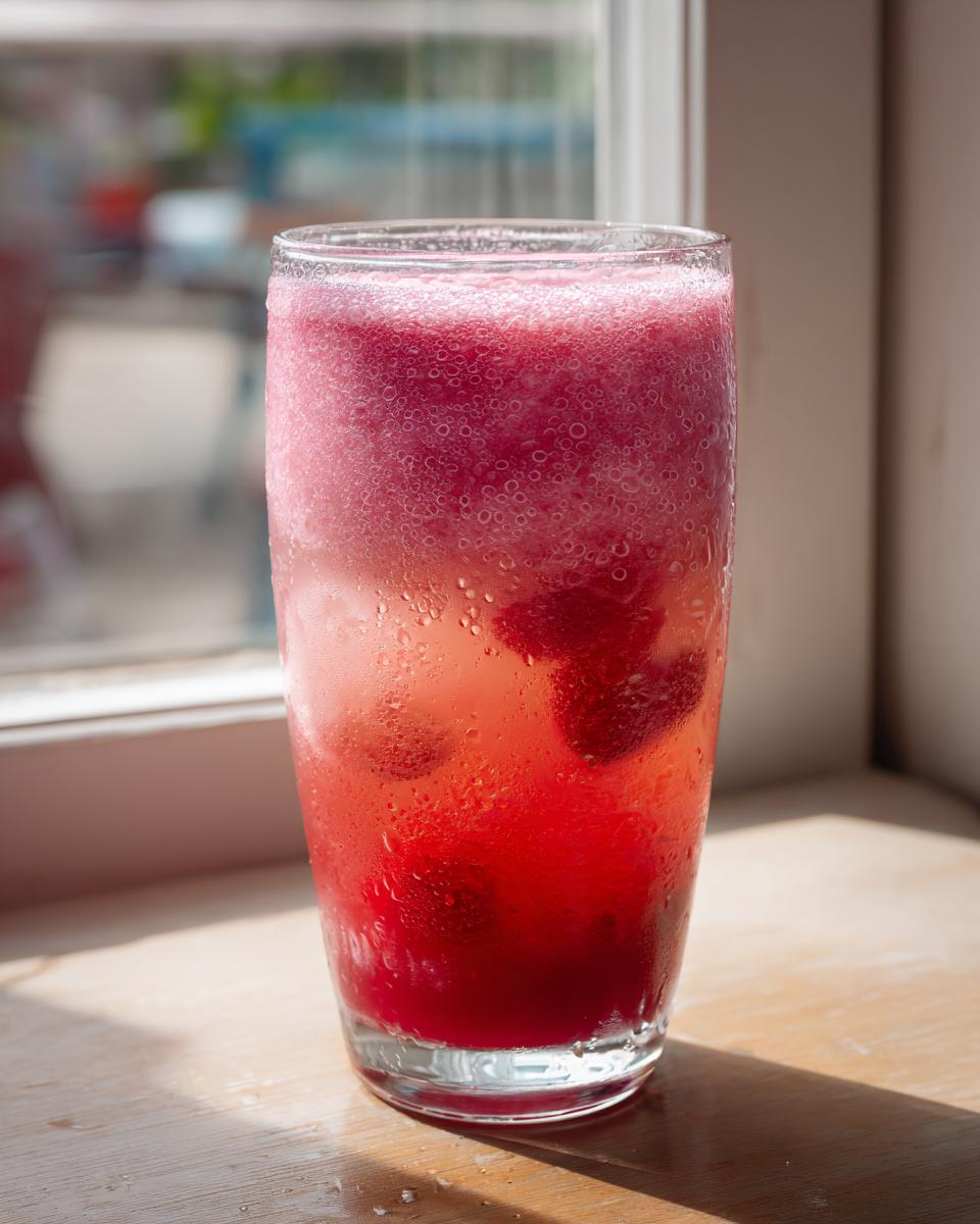 A tall glass filled with a refreshing strawberry acai peach juice, with whole strawberries visible and a frothy top.