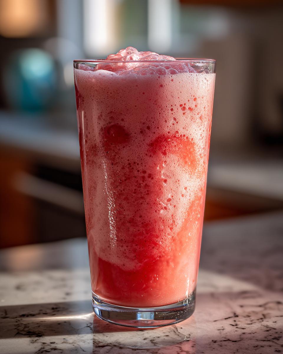 A tall glass filled with frothy strawberry acai peach juice, topped with crushed ice.
